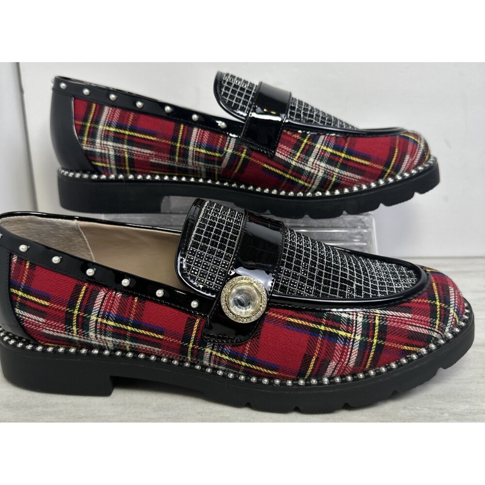Betsey Johnson Red Plaid Chunky Buckle Loafer Creepers Size 11 M Mariam